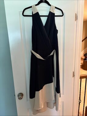 True Navy and Cream High-Low Wrap Dress with Contrast Trim